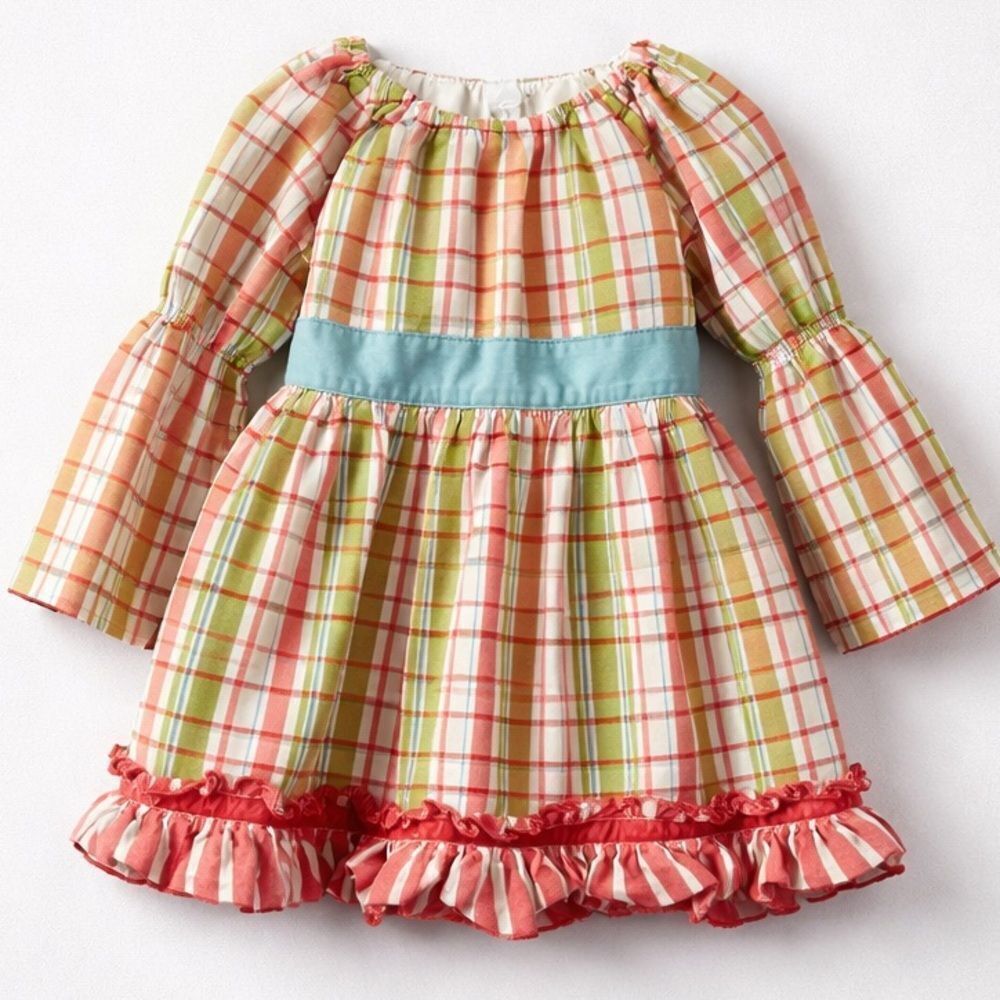 Matilda Jane SecretβFields green and pink plaid peasant top teal sash size 4